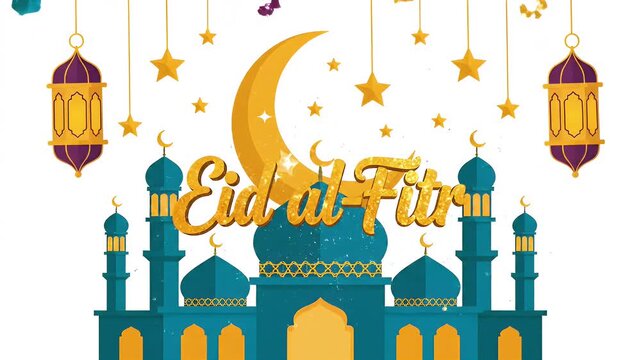 Islamic mosque with crescent moon, stars, and lanterns illustration