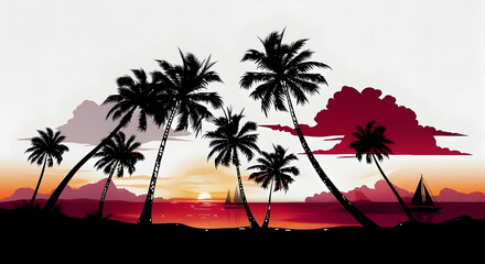 Fototapeta premium A beautiful flat vector illustration of a tropical beach sunset with palm tree silhouettes and a small sailboat on the horizon.
