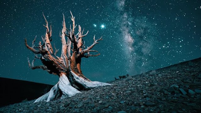 A lone ancient tree stands on a rocky hill under a starry night sky with the Milky Way visible