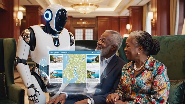 A robotic assistant shows an elderly couple a seaside view on a transparent screen in a luxury lounge