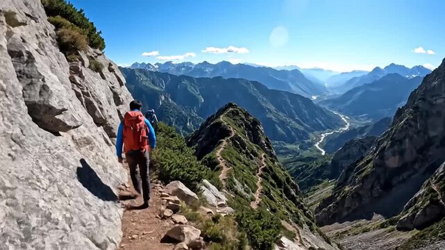 A hiker walks along a narrow mountain path with a vibrant blue sky and dramatic landscape in view