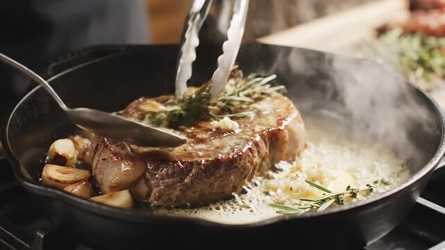 Chef basting juicy ribeye steak with butter, garlic, and herbs in cast iron skillet