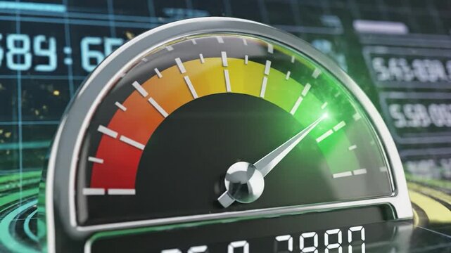 Digital performance meter indicating high efficiency and rapid data processing