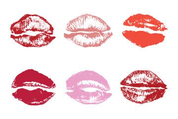 Set of lipstick kiss print Different shapes and colors imprint of lips Red pink female sexy lips makeup Design elements for beauty fashion poster Valentines Day wedding