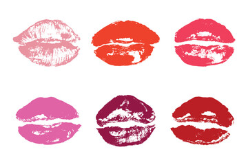 Set of lipstick kiss print Different shapes and colors imprint of lips Red pink female sexy lips makeup Design elements for beauty fashion poster Valentines Day wedding