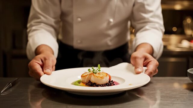 Chef garnishing gourmet scallop dish with microgreens, fine dining presentation