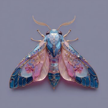 Artistic Representation of a Jewel-Encrusted Moth with Iridescent Wings Displaying Intricate Details and Vibrant Colors on a Soft Gray Background  moth