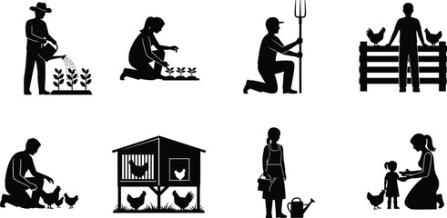 Black silhouette collection of farmers gardening, watering plants, raising chickens, and poultry farming activities, isolated vector icons set on white background for agriculture © MstShefaly