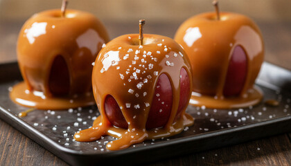 Close up of delicious salted caramel apples on a dark tray with a rustic wooden background for an autumn dessert concept and gourmet treat