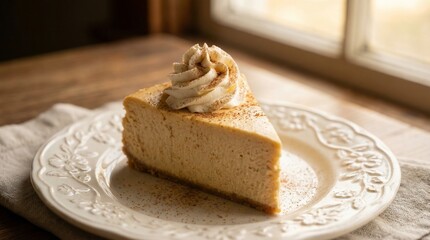 Slice of pumpkin cheesecake topped with whipped cream and cinnamon served on a decorative plate by a warm sunlit window for a cozy dessert concept