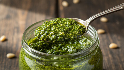 Spoon scooping fresh homemade basil pesto from a glass jar on a rustic wooden table for a healthy Italian food concept and gourmet cooking