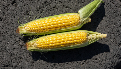 Two fresh yellow corn cobs lying on dark volcanic rock in bright sunlight for healthy eating concept and summer harvest