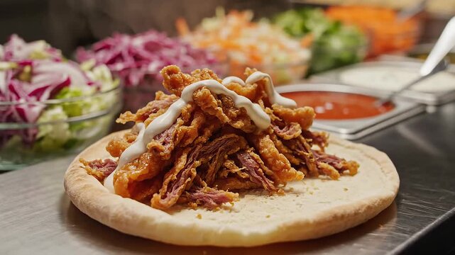 Chef preparing delicious doner kebab on flatbread with fresh toppings and sauce