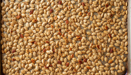 Many roasted pumpkin seeds baked golden brown on a metal sheet for a healthy seasonal snack concept and nutritious food texture