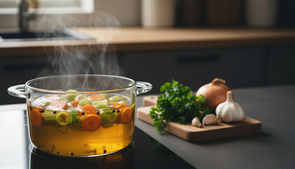 Clear glass pot of steaming vegetable broth simmering on a stovetop in a modern kitchen for healthy eating concept and home cooking lifestyle