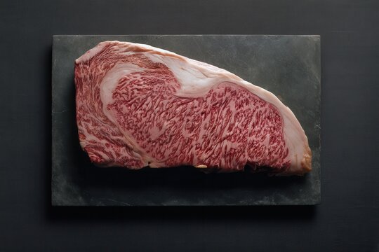 Premium Olive-Fed Wagyu Beef Steak From Oita Prefecture Japan Displaying Incredible Marbling on a Dark Slate Board