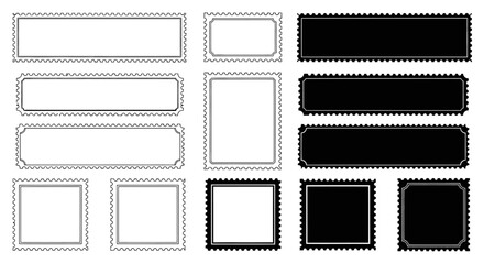 Fototapeta premium Collection of various blank postage stamp frames and solid shapes with perforated edges, suitable for design elements.