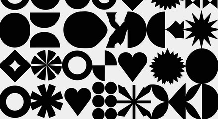 A visually striking abstract composition featuring a repeating pattern of geometric shapes and stylized icons in black and white. © Avoxel