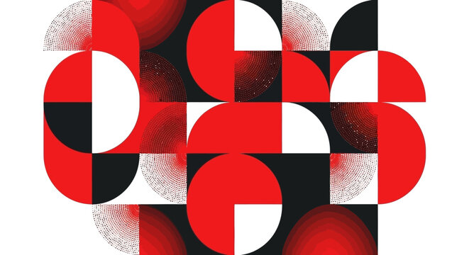 Abstract geometric pattern with red, black, and white circles and squares.