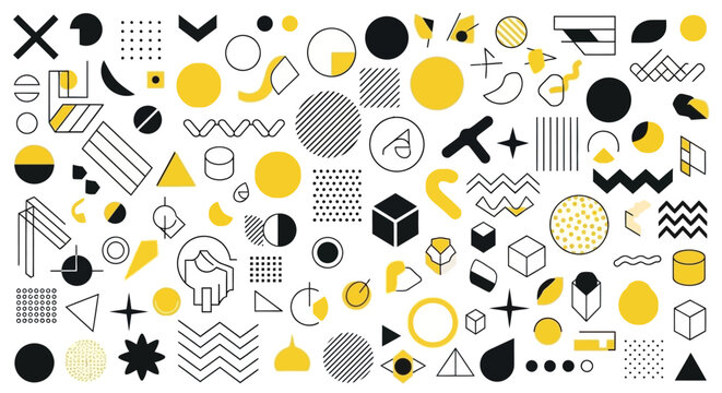 A vibrant collection of abstract geometric shapes and patterns in yellow, black, and white, featuring circles, squares, triangles, and wavy lines.