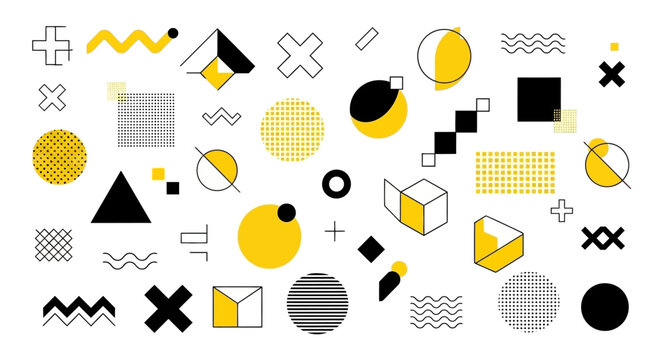 A vibrant collection of abstract geometric shapes and patterns in yellow, black, and white, evoking a modern and dynamic design aesthetic.