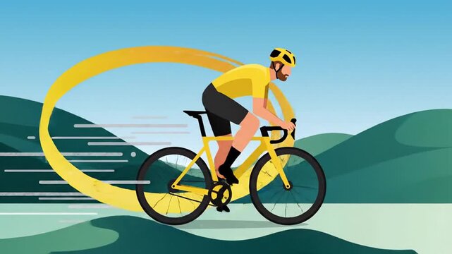 A cyclist in yellow jersey and helmet rides a yellow bike up a green, hilly terrain