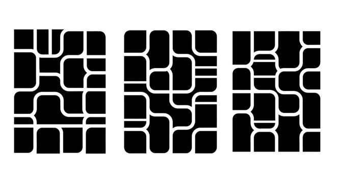 Three abstract black and white geometric patterns with rounded corners and interconnected lines, suggesting a maze or circuit board.