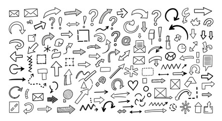 Obraz premium A comprehensive collection of hand-drawn arrow icons and symbols, including question marks, exclamation points, and mail envelopes, presented in a black and white sketch style.