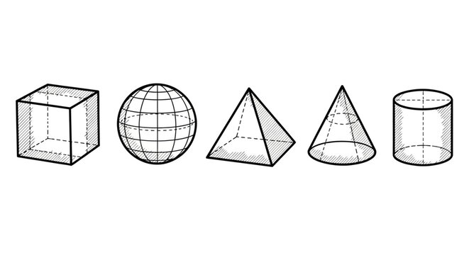 A collection of five basic 3D geometric shapes including a cube, sphere, pyramid, cone, and cylinder, presented in a line against a white background.