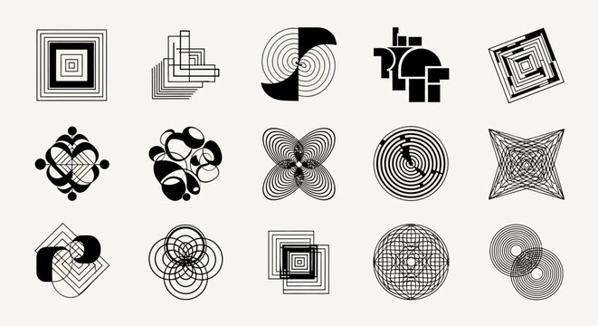 A collection of abstract geometric shapes and patterns in a minimalist black and white design.
