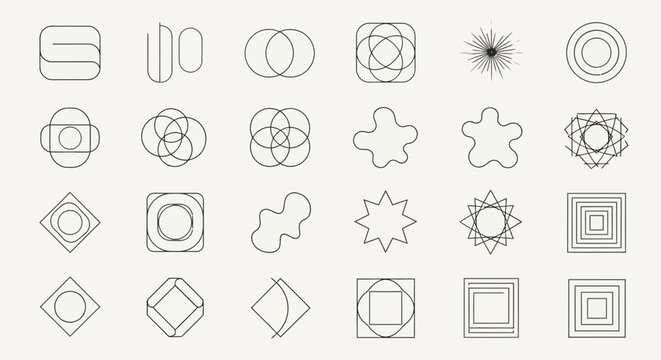 A collection of abstract geometric and organic shapes, presented in a minimalist line art style on a textured background.
