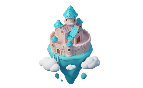 A charming 3D render of a magical fantasy castle floating on a teal island among fluffy clouds. Ideal asset for game design, UI/UX, children's books, or digital artwork. 