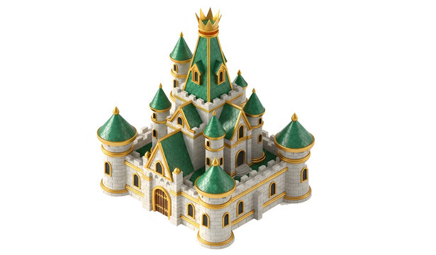 Stunning 3D isometric cartoon castle asset featuring white stone, emerald green roofs, and opulent gold detailing. Perfect for mobile games, RTS, strategy, or fairy tale visualizations. 