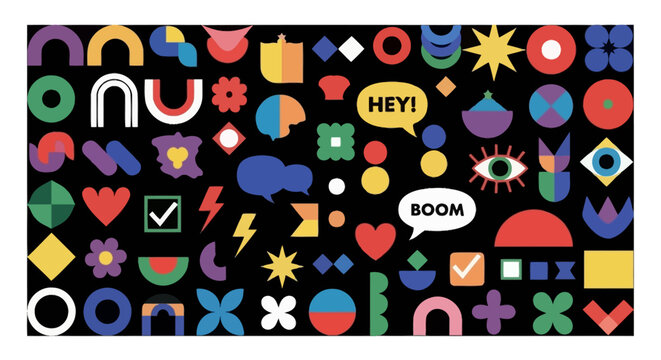 A vibrant and playful collection of abstract geometric shapes and icons on a black background, featuring a variety of colors and forms.