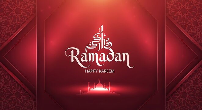 Ramadan Kareem Greeting Card with Red Background and Islamic Design.