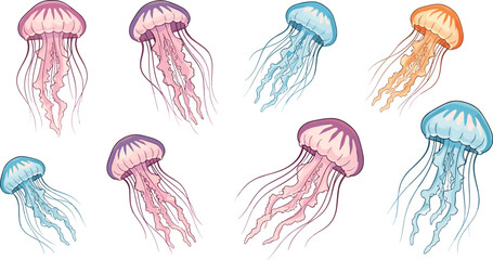 Set of cute pastel jellyfish illustrations, colorful marine animals, soft ocean creatures, cartoon sea life, vector design collection © Aiyan