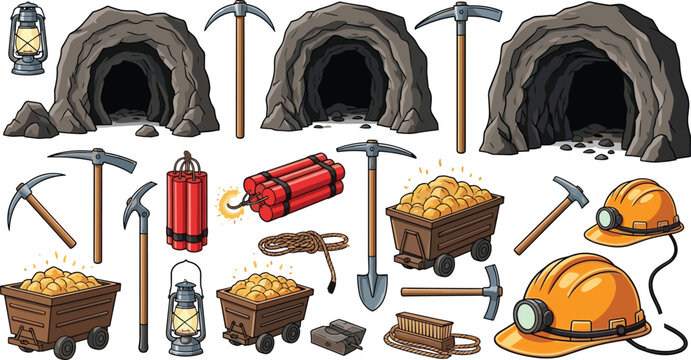 Mining equipment illustration with mine entrances, carts, pickaxes, helmets, lanterns, dynamite, rope, shovel, detonator