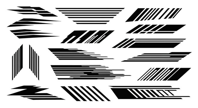 Collection of abstract racing stripes and sport decals for vehicle customization, featuring dynamic lines and geometric patterns.