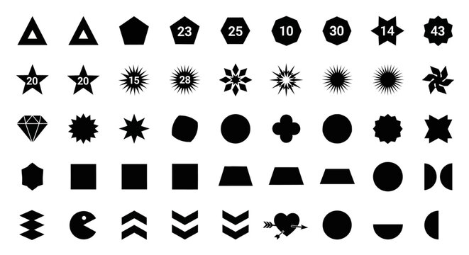 A collection of diverse black and white vector icons and shapes, including geometric figures, abstract symbols, and stylized icons.