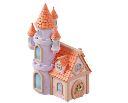 Whimsical 3D render of a stylized princess castle and cottage combo. Features soft pastel colors (lavender, peach, orange roof) and charming details. Ideal digital asset for games, illustrations