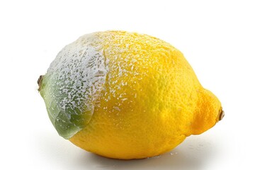 Moldy Lemon Displaying Fuzzy White Fungal Growth on Its Bright Yellow and Green Skin, Isolated on a White Studio Background