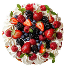 Fototapeta premium Berry topped cake with whipped cream and mint leaves, overhead view isolated on white background