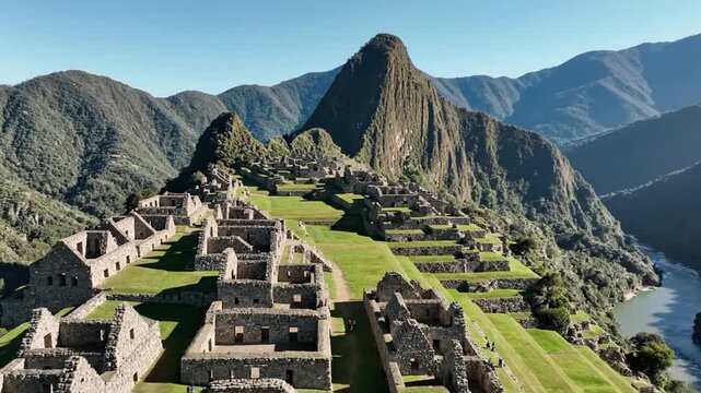 Ancient Machu Picchu Inca city ruins in Peruvian Andes mountains