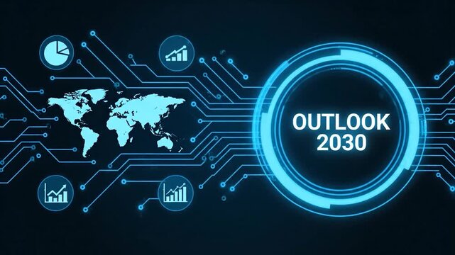 Digital world map with circuit design, "OUTLOOK 2030" in the center