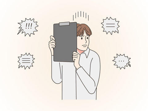 Anxious Employee Hiding Behind Clipboard from Criticism 