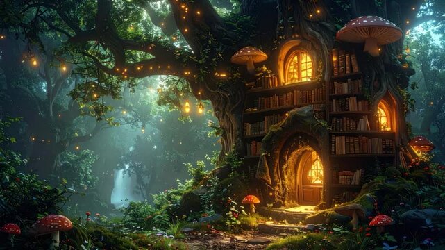 A whimsical tree-house library in a misty forest, lit by glowing lights