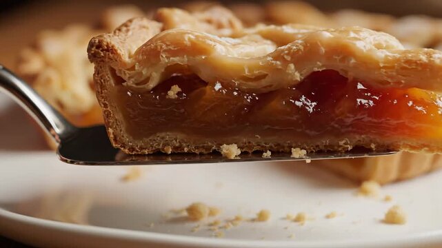 Close up of a delicious slice of peach pie being served on a white plate