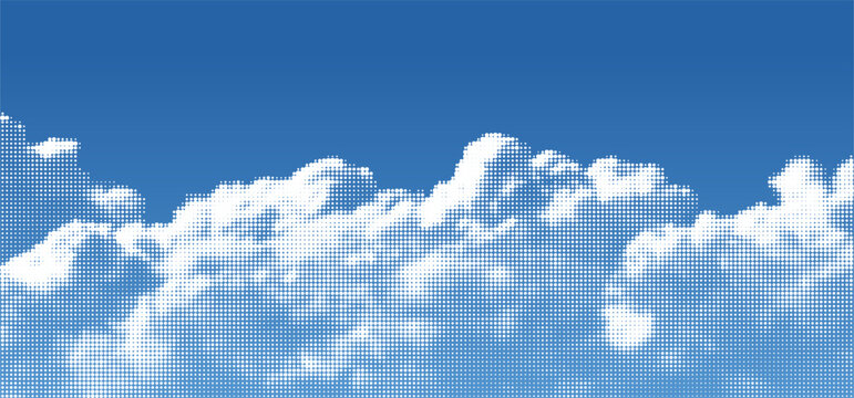 Halftone Dot Cloud on Blue Gradient Sky. Vector Retro Pop Art Pattern. Abstract White Half Tone Effect Clouds. Summer Sky Manga Book Anime Background.