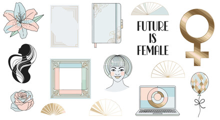 Collection of modern feminine illustrations and symbols for design