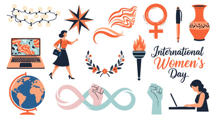 International womens day celebration with diverse women and symbols